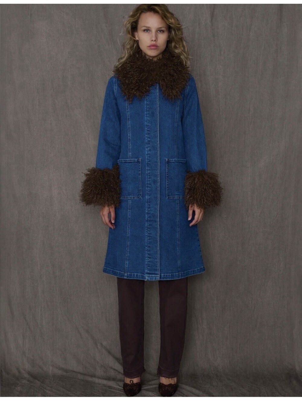 NWT TT STUDIOS Penny Jacket Denim Faux Fur Collar Trench Coat Duster XL